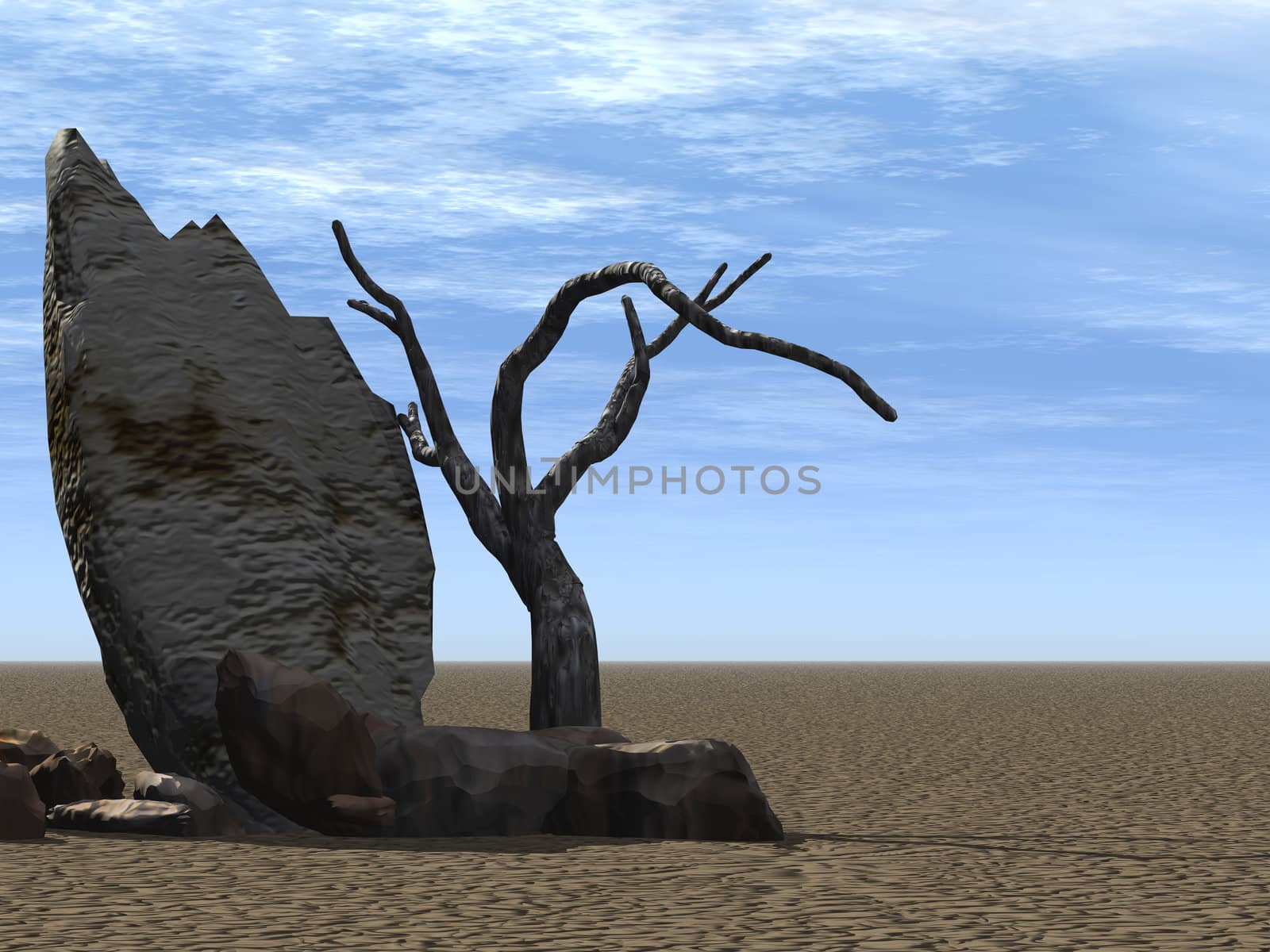 Stone - the pointet (signpost) in a clean field with a dry tree (Motive of Russian national fairy tales - on the left you will go...., to the right you will go...)