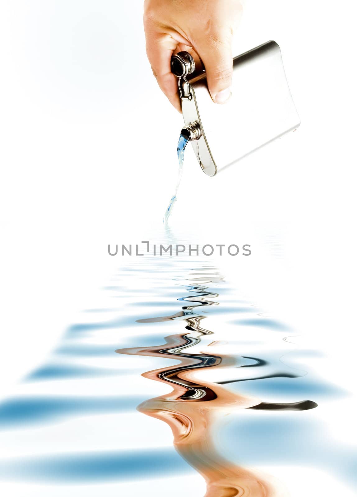 Hand with flask on white background. Isolated object.