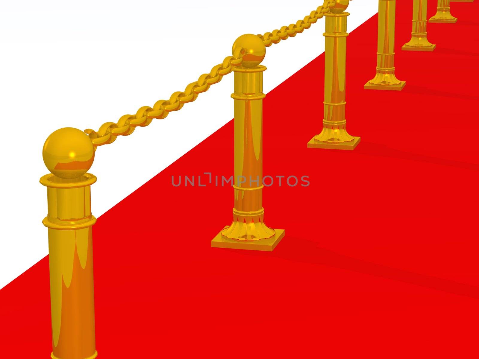 Red path. A fragment of a podium with gold columns