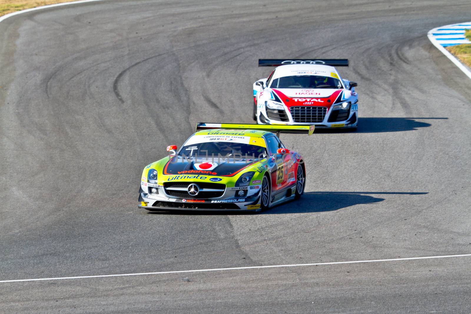 JEREZ DE LA FRONTERA, SPAIN - OCT 16: Jose Pedro Fontes , Mercedes 25 followed by Joao Pedro Figueiredo, Audi 21, races on Iber GT championship on October 16 , 2011, in Jerez de la Frontera , Spain