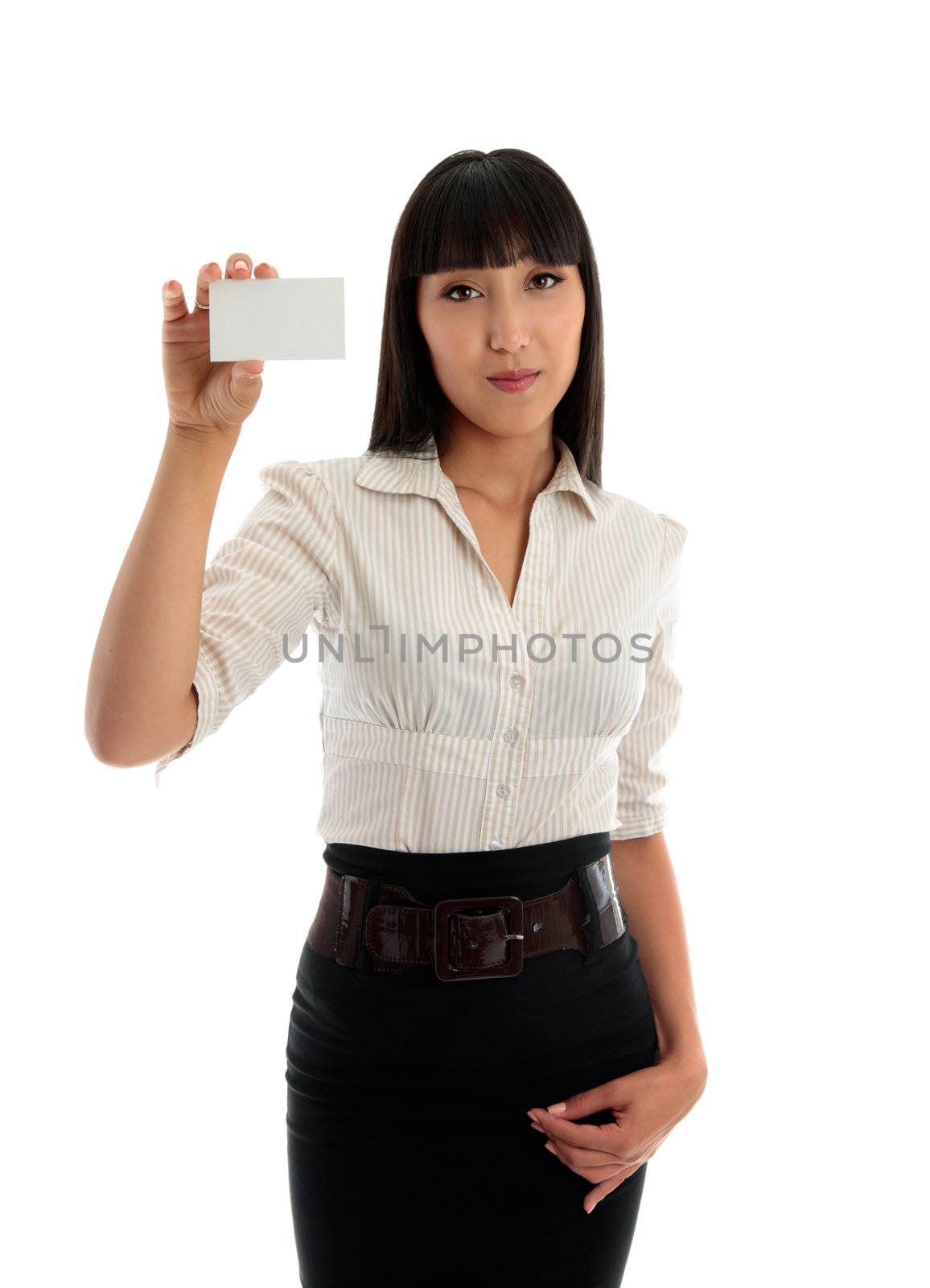 A young beautiful business office worker holds up a blank business card, club card or other type of card..  White background.