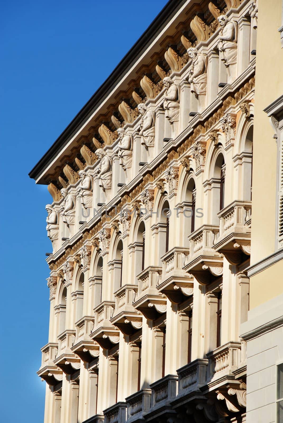 Architectural details of building in Trieste, Italy, on Piazza Unit