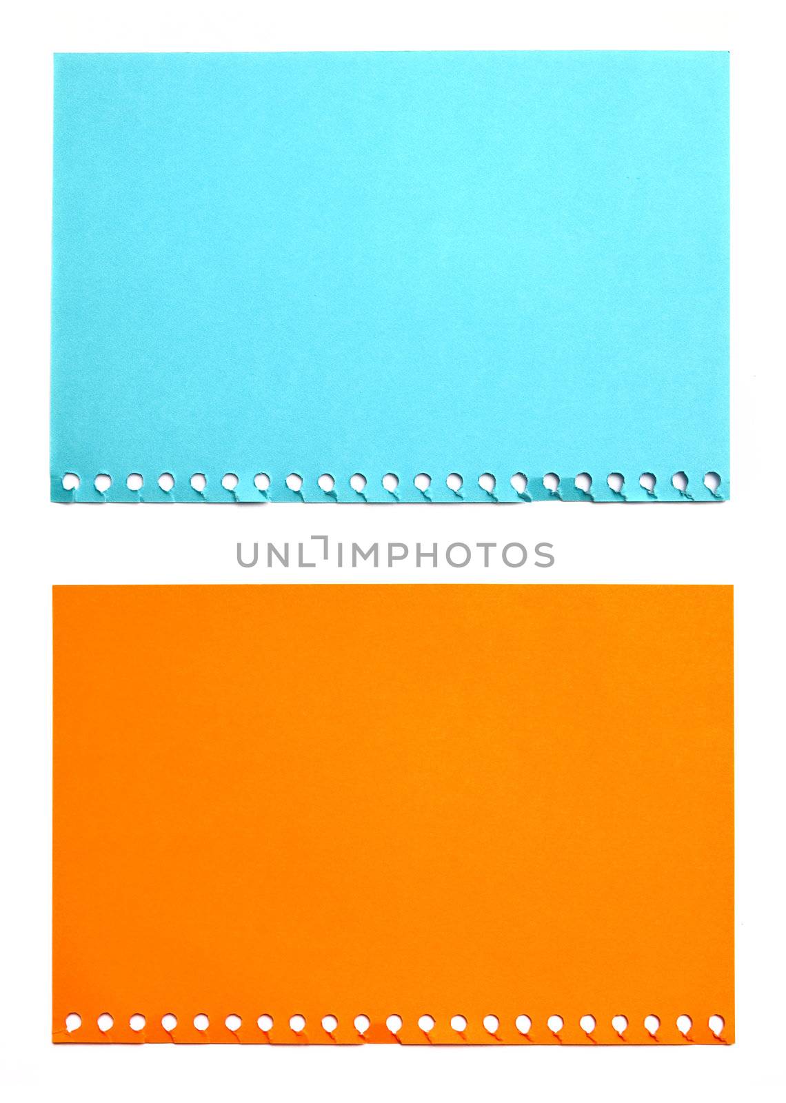 empty sheet of orange and blue paper isolated on white