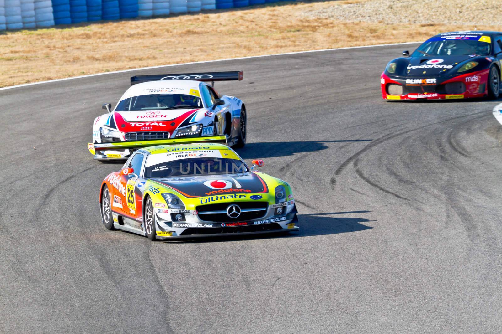 JEREZ DE LA FRONTERA, SPAIN - OCT 16: Jose Pedro Fontes 25 followed by Joao Figueiredo 21 and Joao Ramos 10 races on Iber GT championship on October 16 , 2011, in Jerez de la Frontera , Spain
