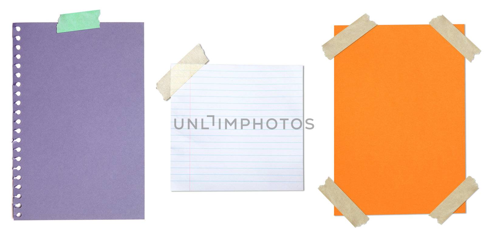 Collection of blank paper stuck with tape isolated on white