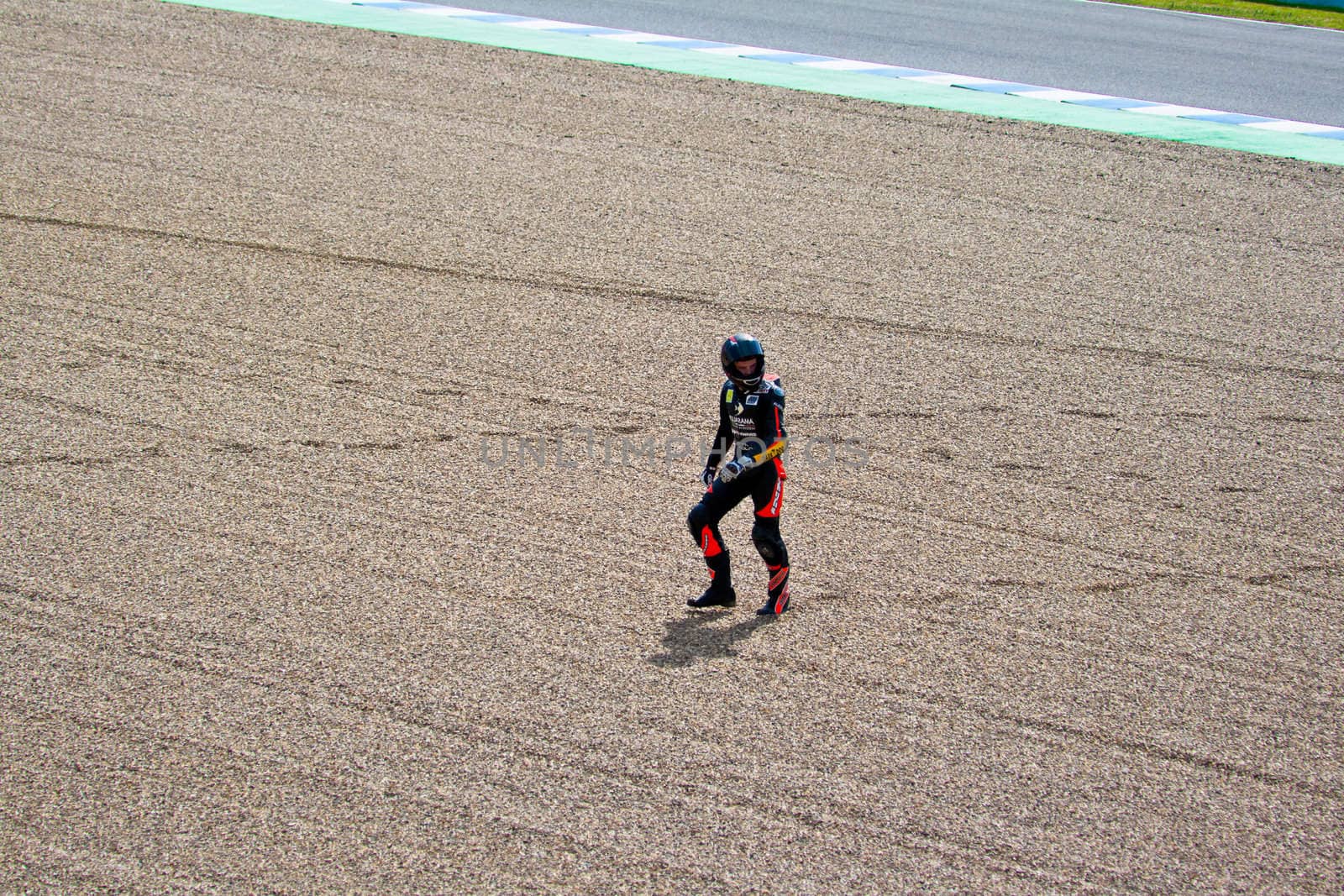 JEREZ DE LA FRONTERA, SPAIN-MAR 5: 125cc motorcyclist Daniel Kartheininge after an accident on the official training of the world championship of MotoGP on March 5, 2011 in Jerez de la Frontera, Spain