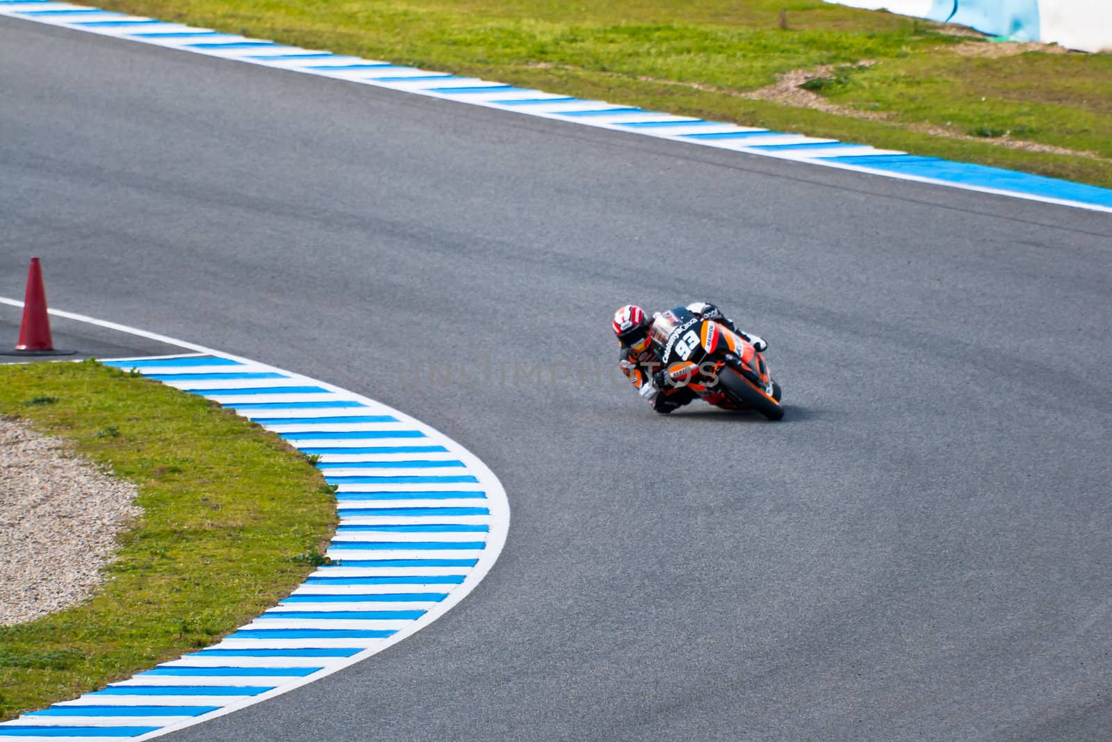 JEREZ DE LA FRONTERA, SPAIN - MAR 5: Moto2 motorcyclist Marc Marquez takes a curve in the MotoGP Official Trainnig on Mar 5, 2011 in Jerez de la Frontera, Spain
