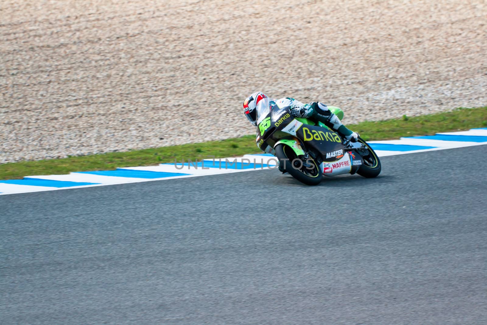 JEREZ DE LA FRONTERA, SPAIN - MAR 5: Moto2 motorcyclist Hector Faubel takes a curve in the MotoGP Official Trainnig on Mar 5, 2011 in Jerez de la Frontera, Spain