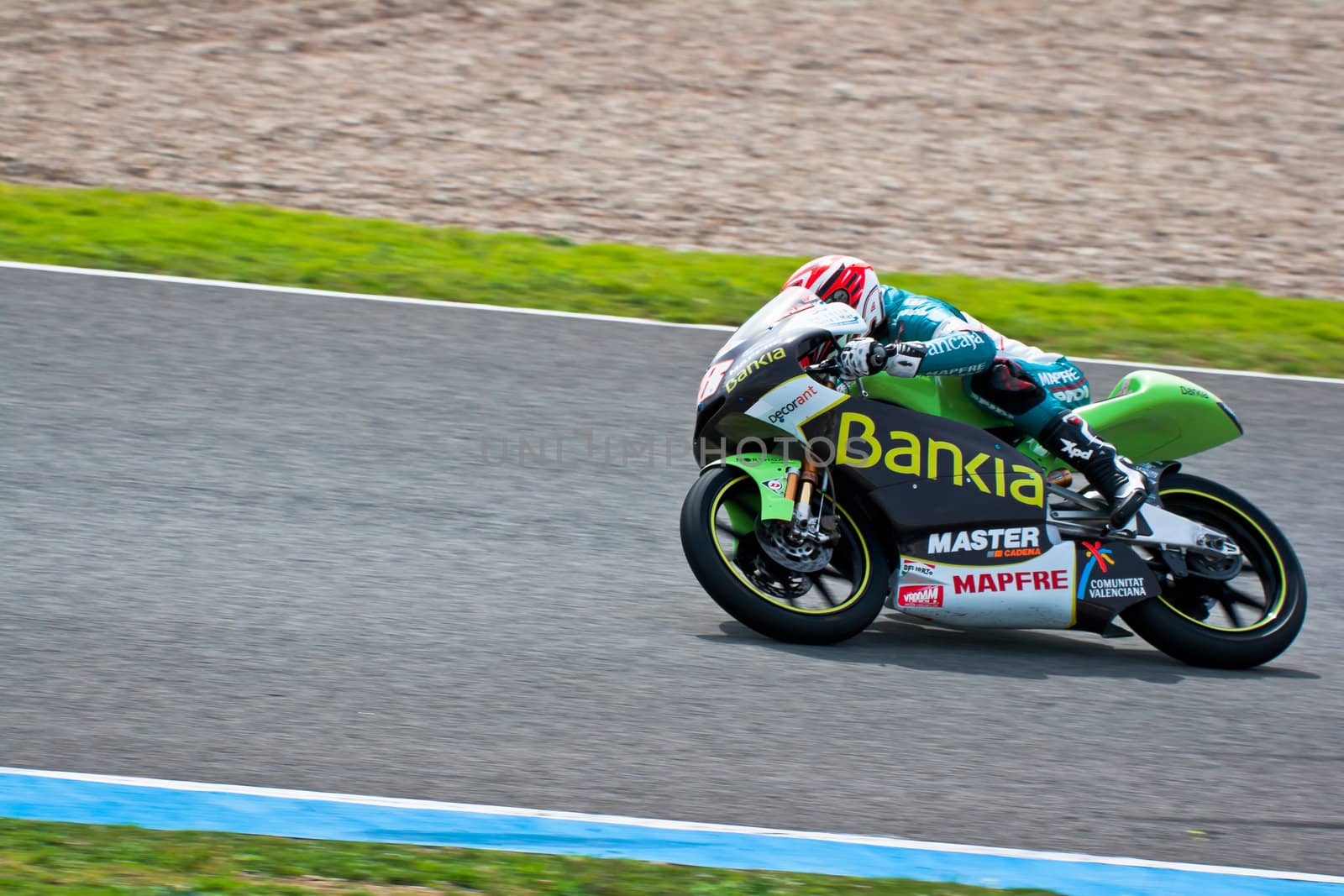 JEREZ DE LA FRONTERA, SPAIN - MAR 5: Moto2 motorcyclist Nico Terol takes a curve in the MotoGP Official Trainnig on Mar 5, 2011 in Jerez de la Frontera, Spain
