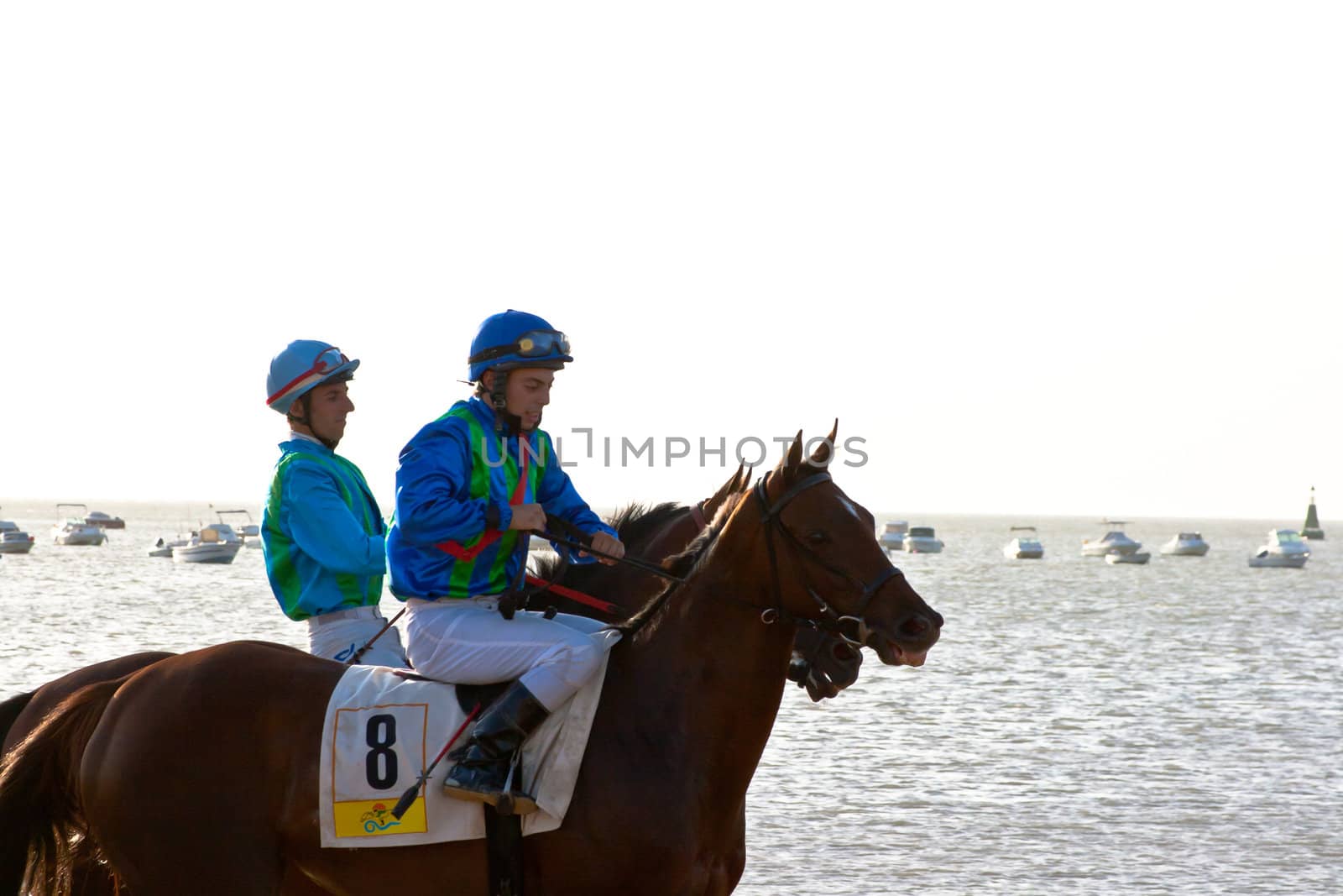 SANLUCAR DE BARRAMEDA, CADIZ, SPAIN - AUGUST 10: Unidentified riders at the start of race horses on Sanlucar de Barrameda beach on August 10, 2011 in Sanlucar de Barrameda, Cadiz, Spain.