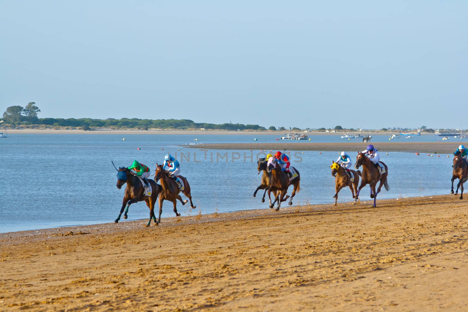 SANLUCAR DE BARRAMEDA, CADIZ, SPAIN - AUGUST 10: Unidentified riders at the start of race horses on Sanlucar de Barrameda beach on August 10, 2011 in Sanlucar de Barrameda, Cadiz, Spain.