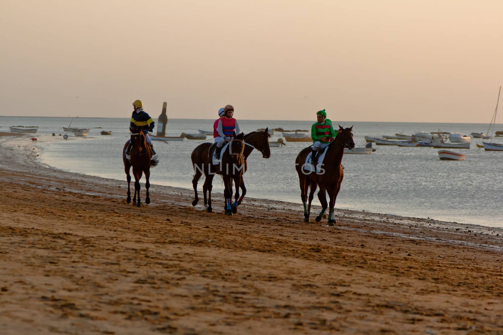 SANLUCAR DE BARRAMEDA, CADIZ, SPAIN - AUGUST 10: Unidentified riders at the start of race horses on Sanlucar de Barrameda beach on August 10, 2011 in Sanlucar de Barrameda, Cadiz, Spain.