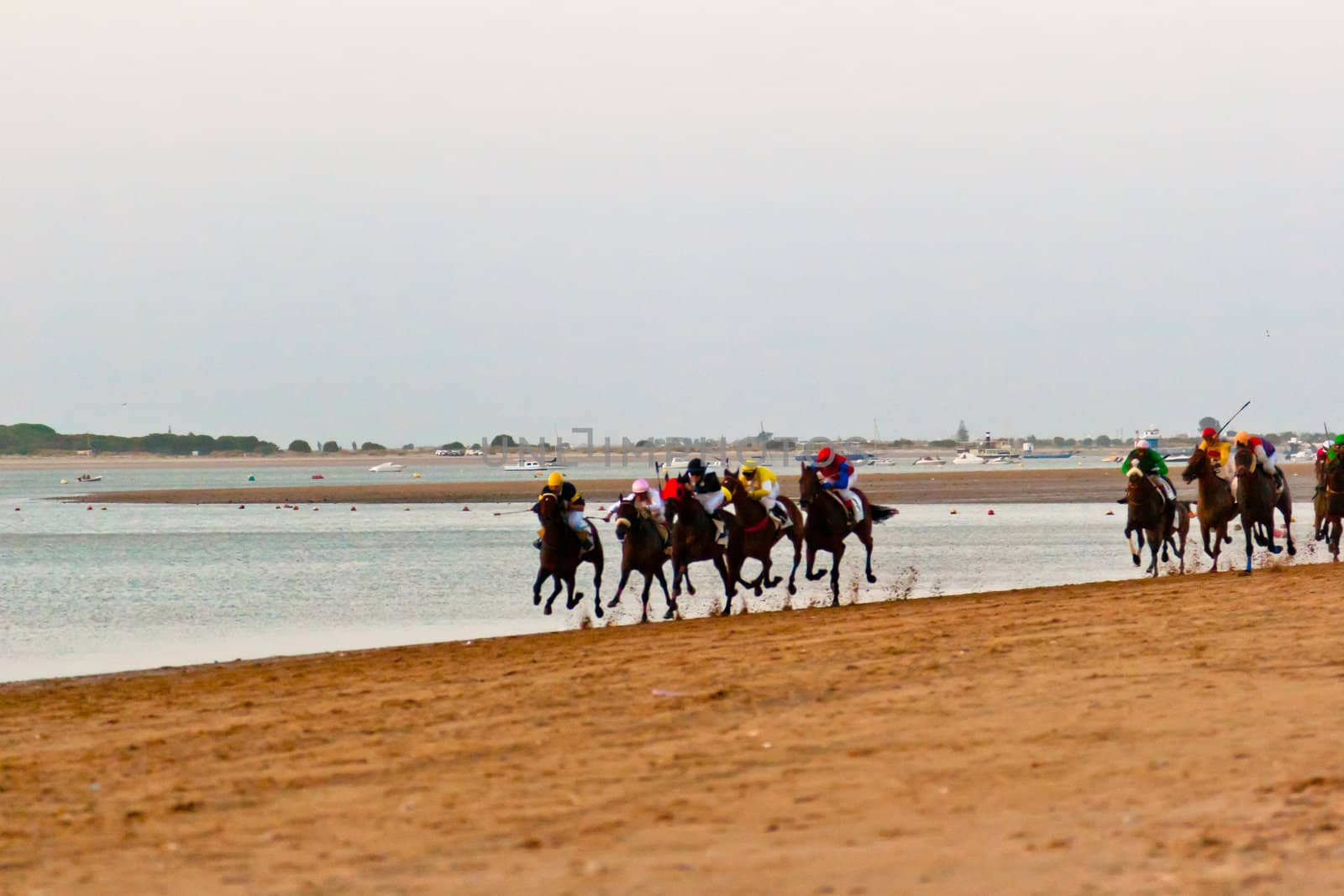 SANLUCAR DE BARRAMEDA, CADIZ, SPAIN - AUGUST 10: Unidentified riders at the start of race horses on Sanlucar de Barrameda beach on August 10, 2011 in Sanlucar de Barrameda, Cadiz, Spain.