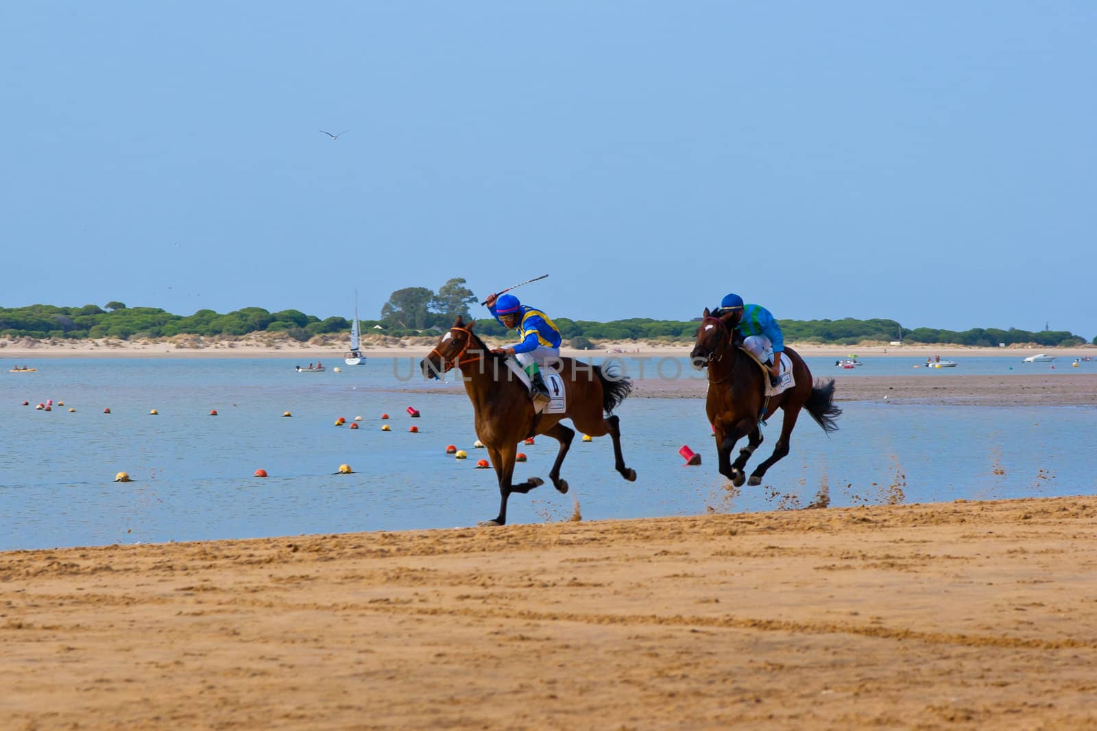 SANLUCAR DE BARRAMEDA, CADIZ, SPAIN - AUGUST 10: Unidentified rider at the start of race horses on Sanlucar de Barrameda beach on August 10, 2011 in Sanlucar de Barrameda, Cadiz, Spain.