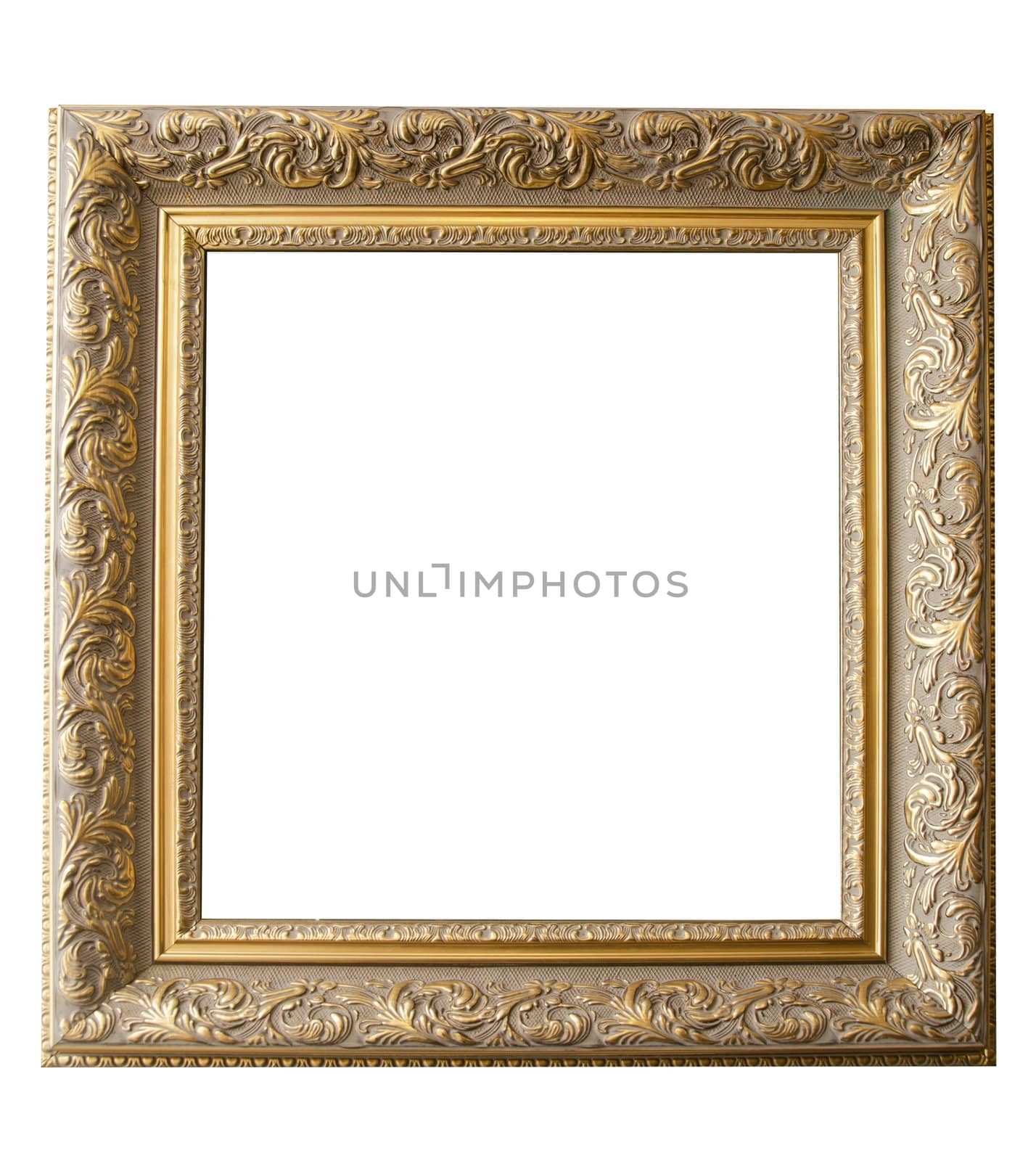 Picture gold frame with a decorative pattern on a white