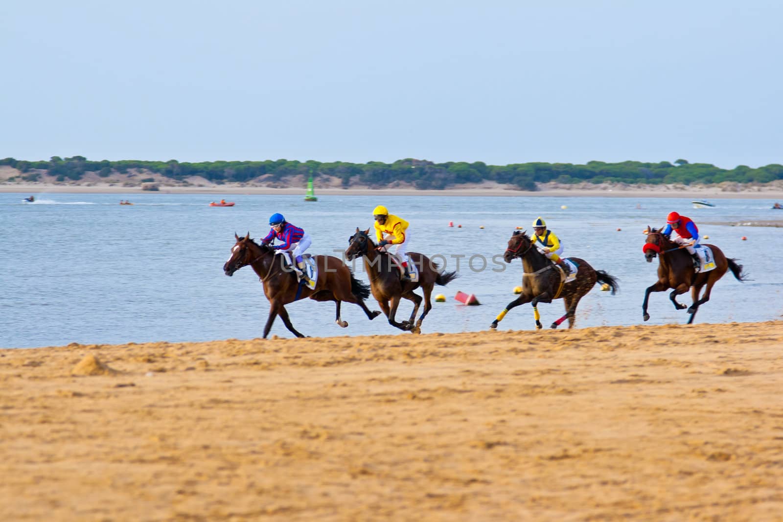 SANLUCAR DE BARRAMEDA, CADIZ, SPAIN - AUGUST 11: Unidentified riders race horses on Sanlucar de Barrameda beach on August 11, 2011 in Sanlucar de Barrameda, Cadiz, Spain.