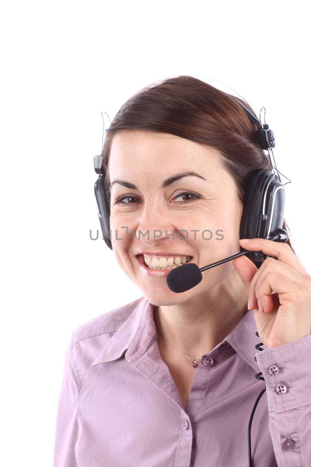 Smiling call center operator over white 