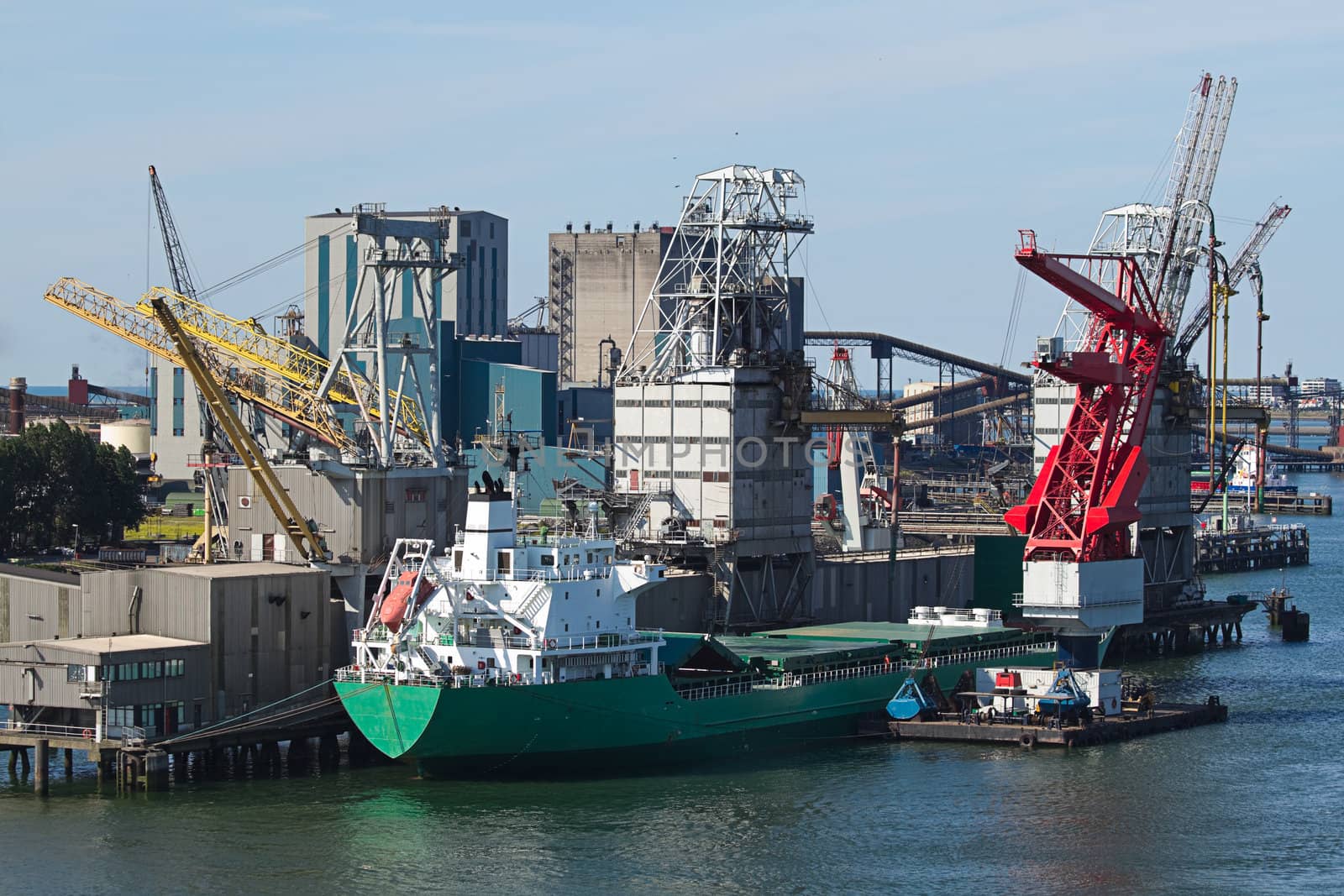 Grain elevator with terminal, cranes and ship by Colette