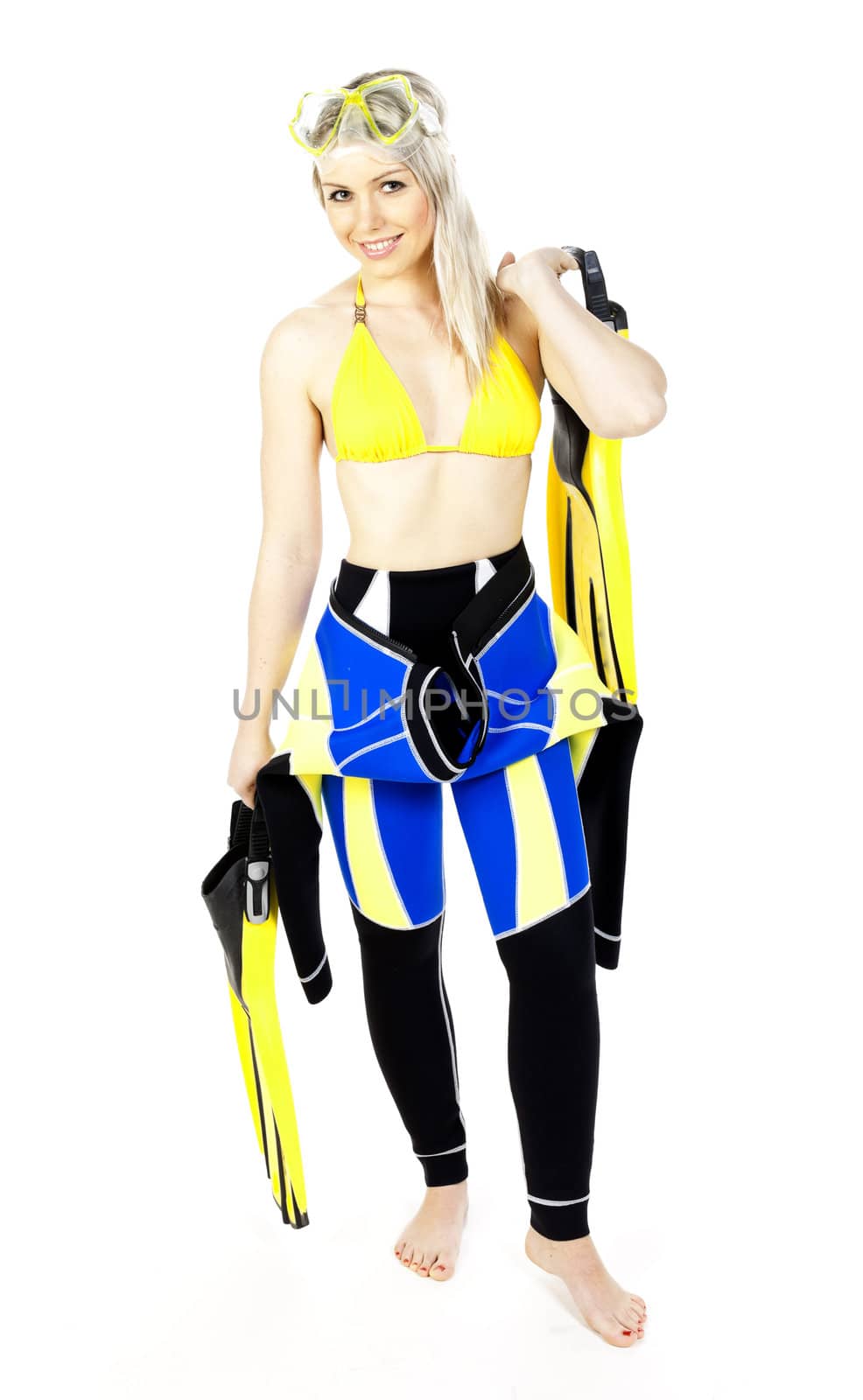 standing young woman wearing neoprene with diving equipment