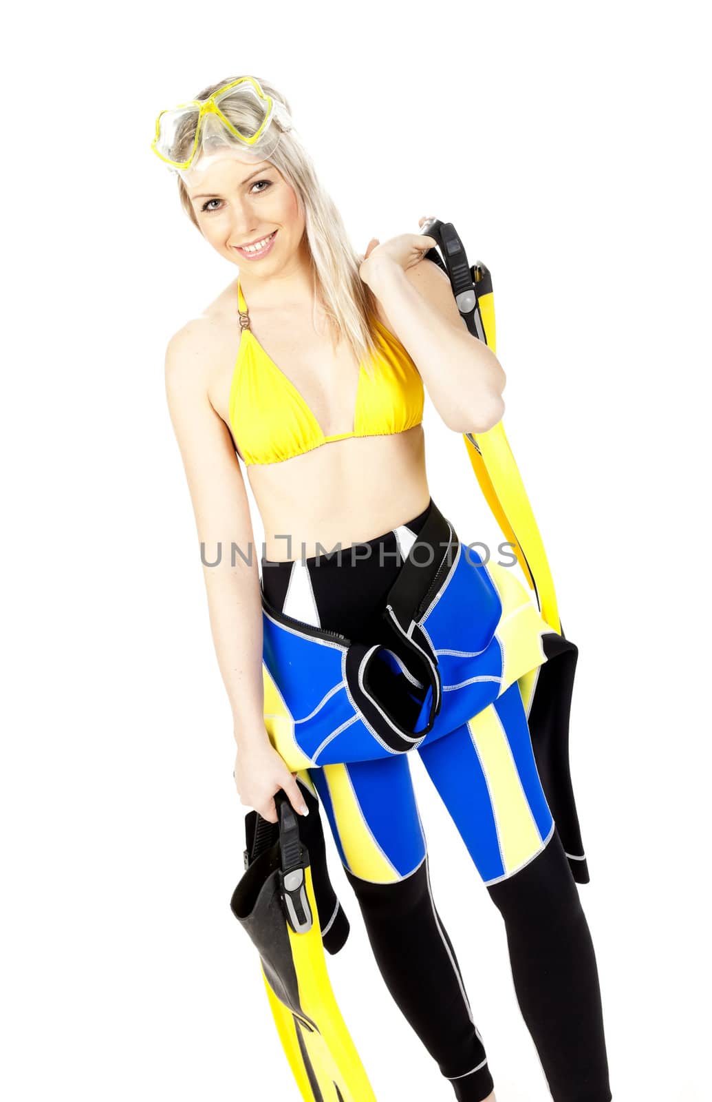 standing young woman wearing neoprene with diving equipment by phbcz