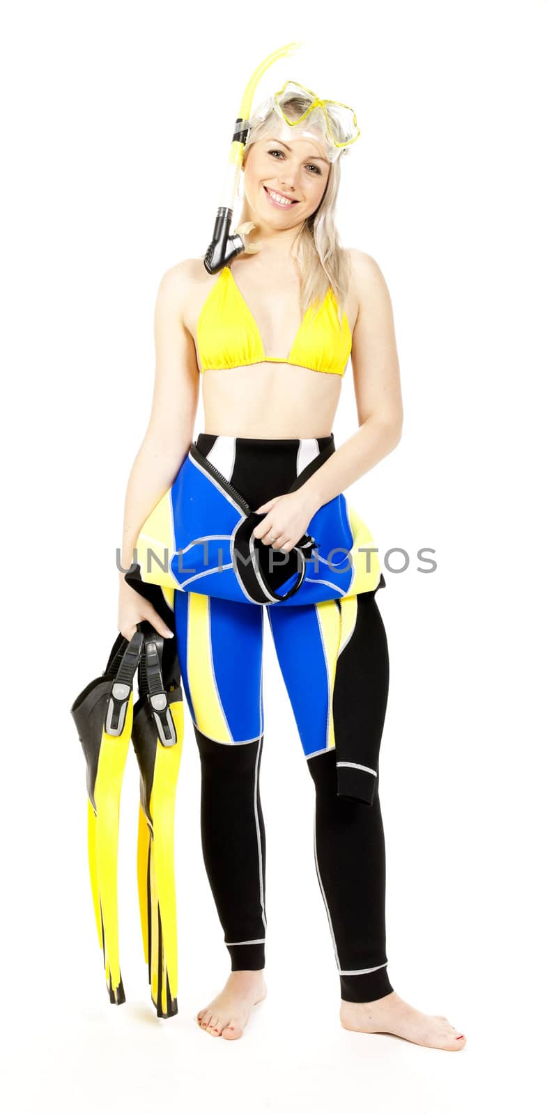 standing young woman wearing neoprene with snorkeling equipment by phbcz