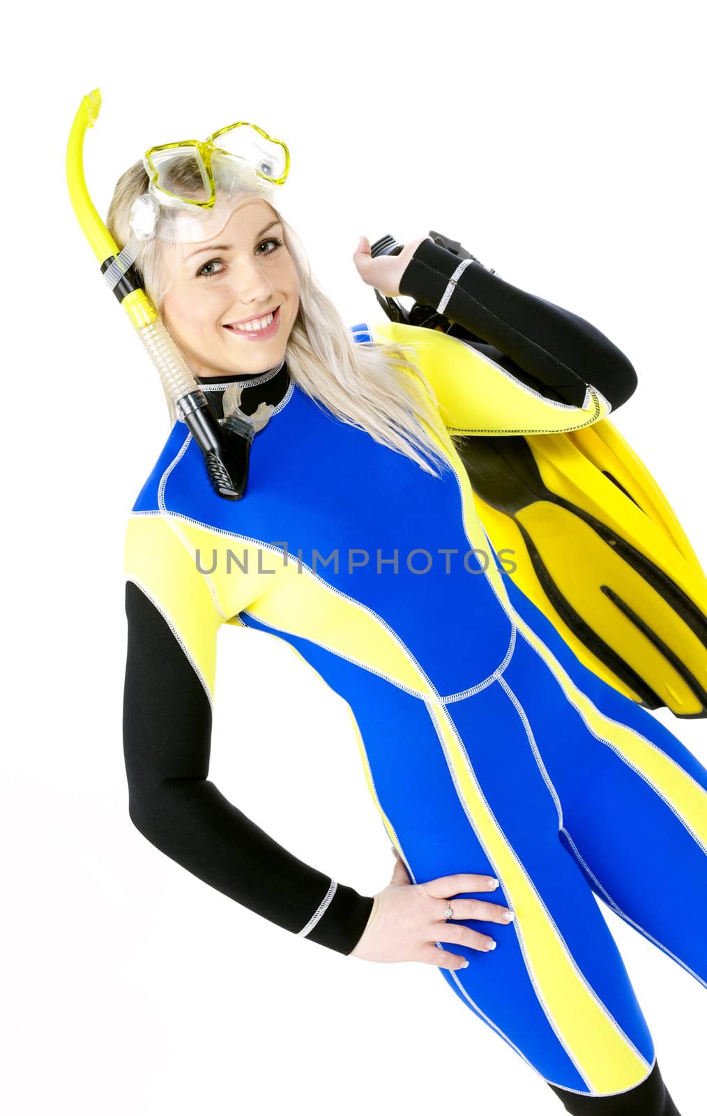 portrait of young woman wearing neoprene with snorkeling equipme by phbcz