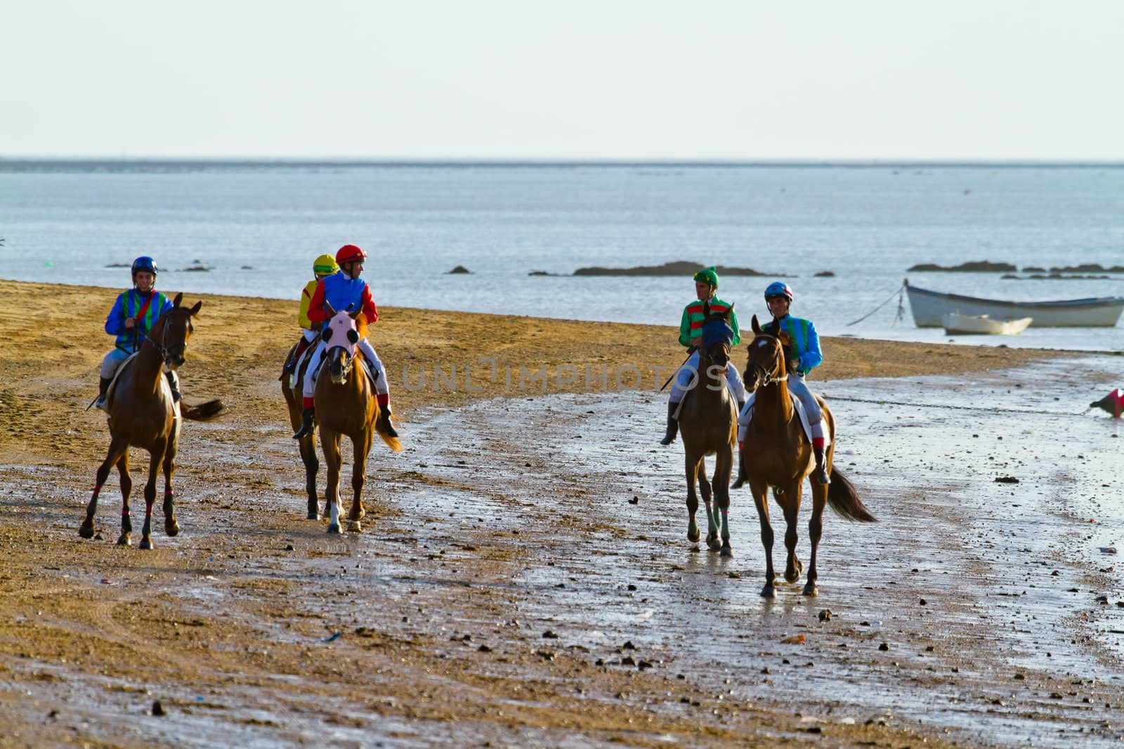 SANLUCAR DE BARRAMEDA, CADIZ, SPAIN - AUGUST 10: Unidentified rider at the start of race horses on Sanlucar de Barrameda beach on August 10, 2011 in Sanlucar de Barrameda, Cadiz, Spain.