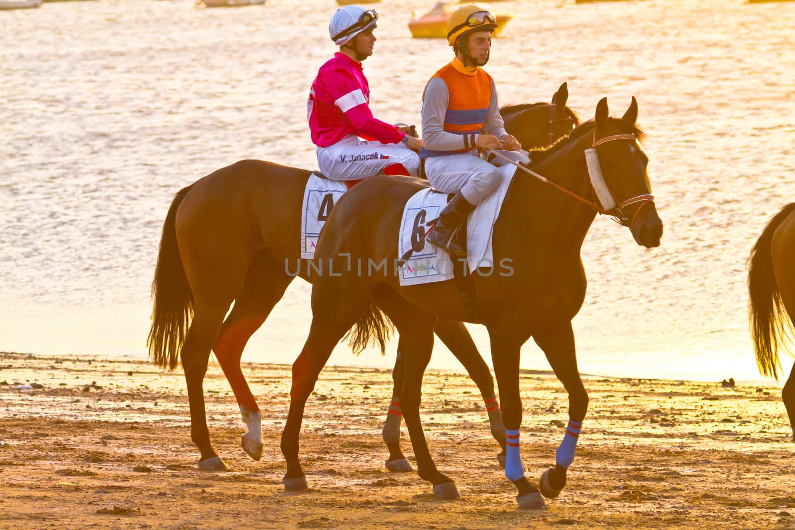 SANLUCAR DE BARRAMEDA, CADIZ, SPAIN - AUGUST 10: Unidentified riders at the start of race horses on Sanlucar de Barrameda beach on August 10, 2011 in Sanlucar de Barrameda, Cadiz, Spain.