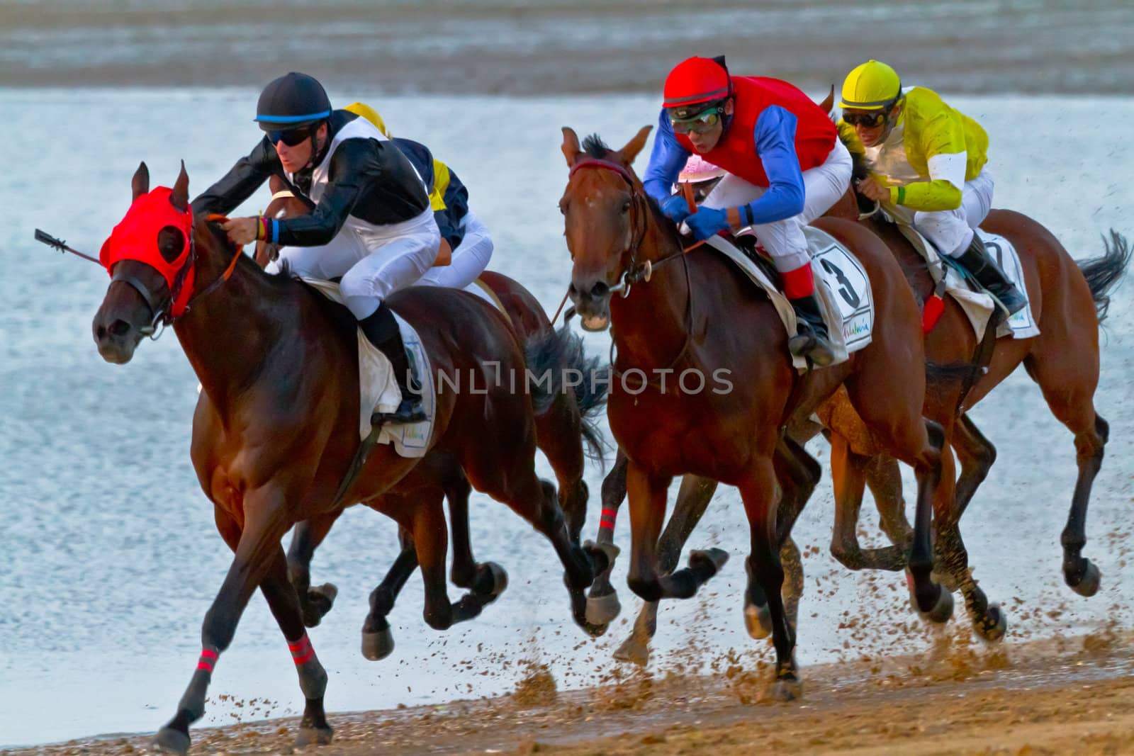 SANLUCAR DE BARRAMEDA, CADIZ, SPAIN - AUGUST 10: Unidentified riders at the start of race horses on Sanlucar de Barrameda beach on August 10, 2011 in Sanlucar de Barrameda, Cadiz, Spain.