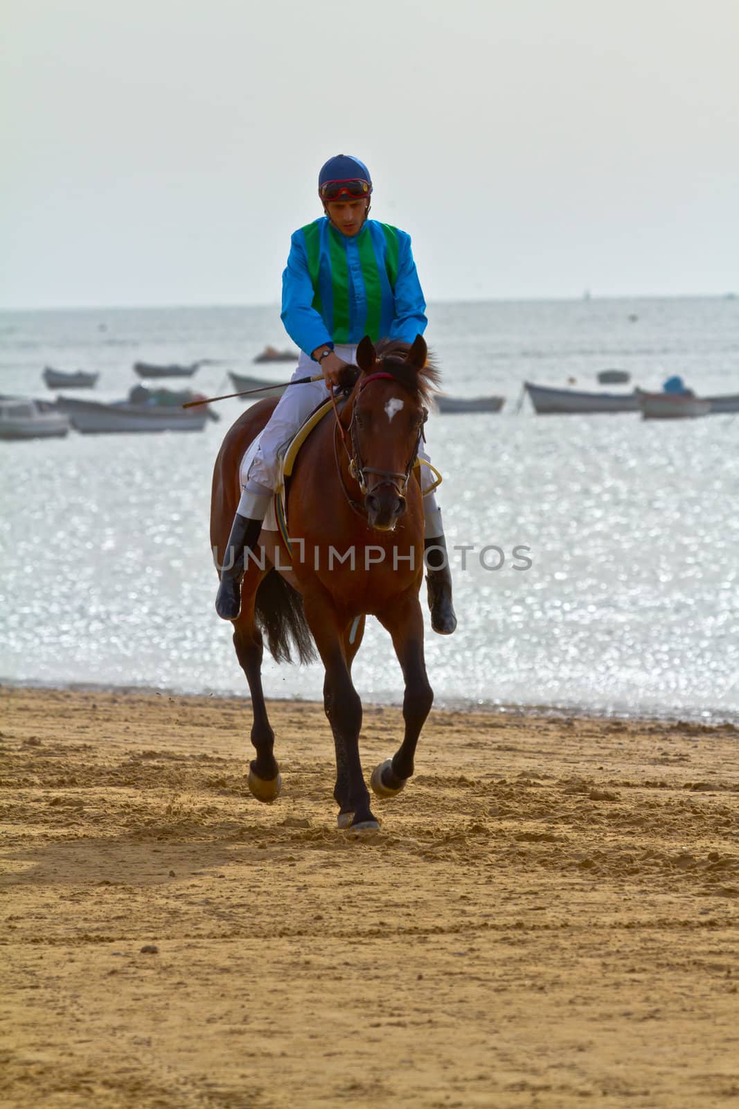 SANLUCAR DE BARRAMEDA, CADIZ, SPAIN - AUGUST 11: Unidentified rider at the start of race horses on Sanlucar de Barrameda beach on August 11, 2011 in Sanlucar de Barrameda, Cadiz, Spain.