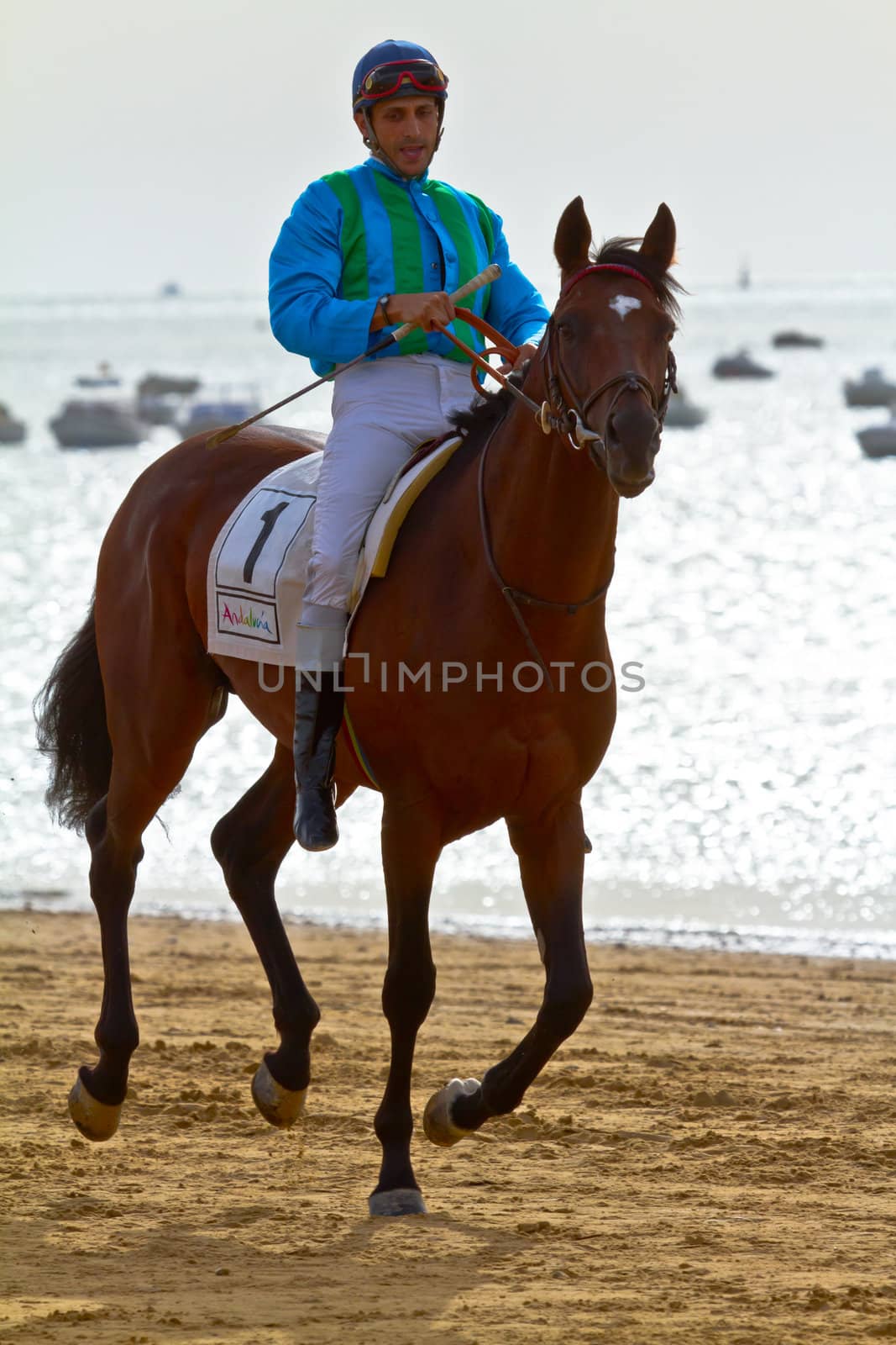 SANLUCAR DE BARRAMEDA, CADIZ, SPAIN - AUGUST 11: Unidentified rider at the start of race horses on Sanlucar de Barrameda beach on August 11, 2011 in Sanlucar de Barrameda, Cadiz, Spain.