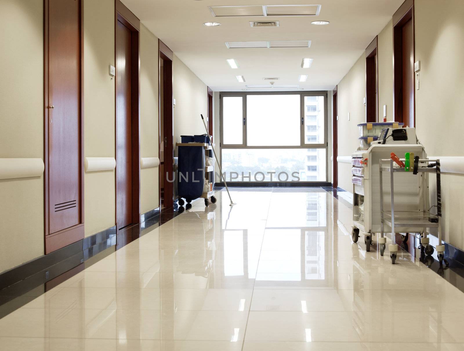 Empty hallway of hospital by leaf