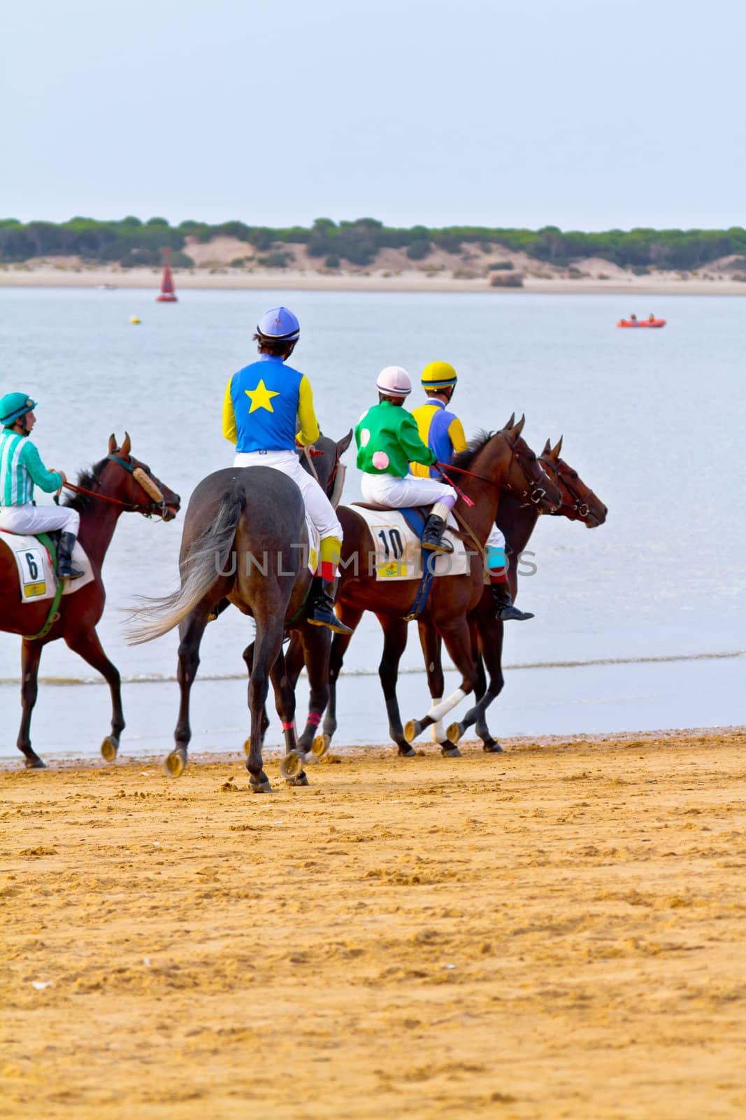 SANLUCAR DE BARRAMEDA, CADIZ, SPAIN - AUGUST 11: Unidentified rider at the start of race horses on Sanlucar de Barrameda beach on August 11, 2011 in Sanlucar de Barrameda, Cadiz, Spain.