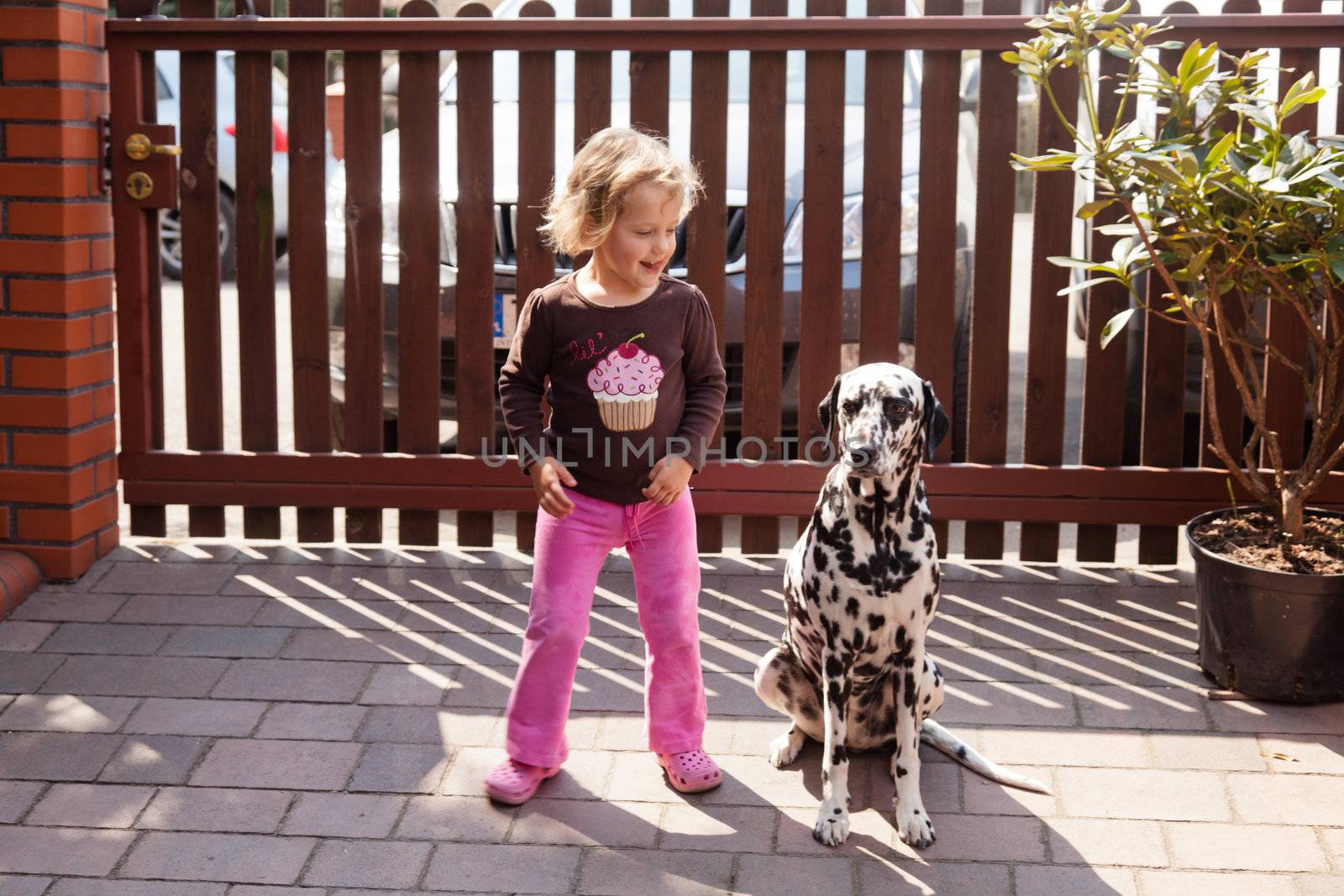 Little girl playing with dalmatian in a garden.