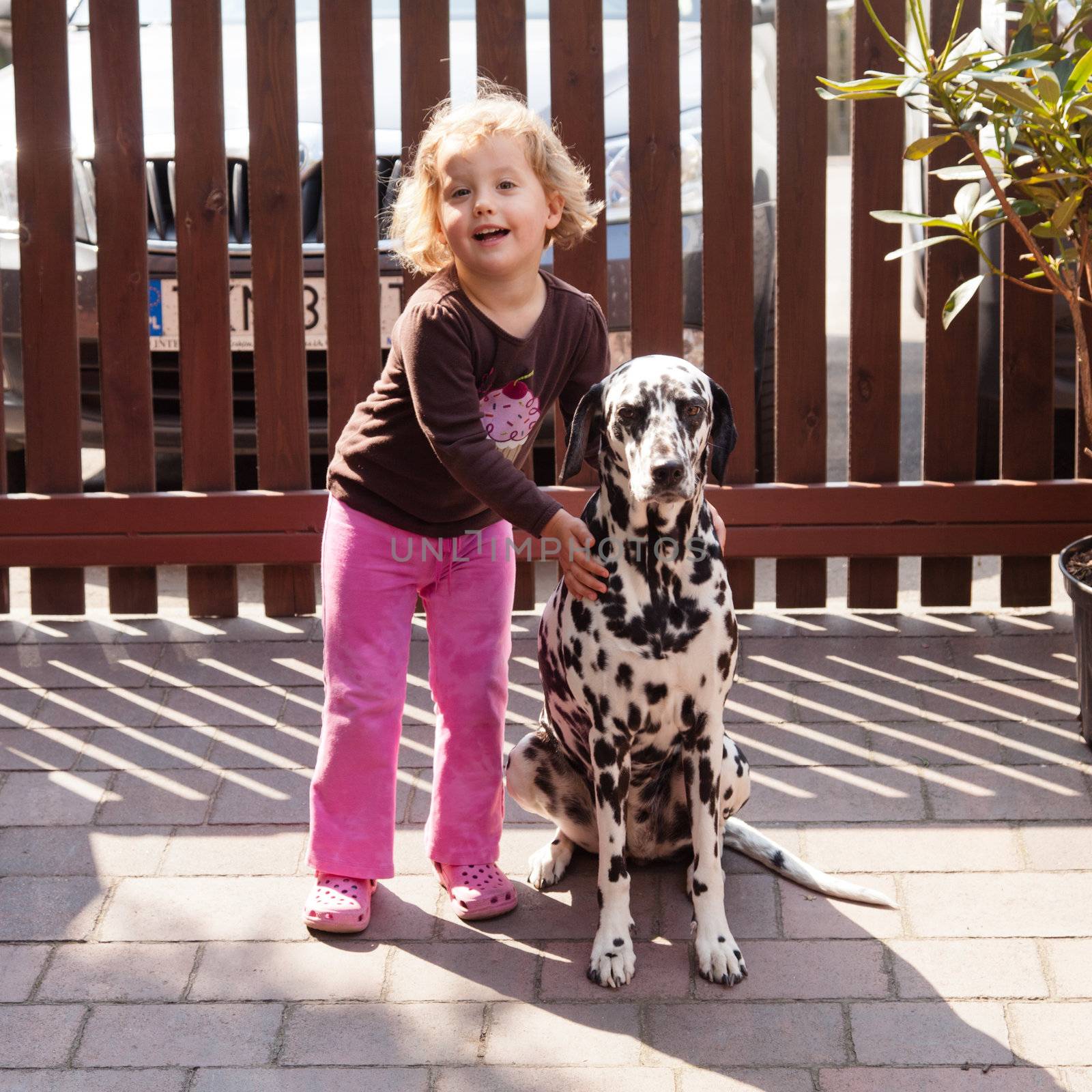 Little girl playing with dalmatian in a garden.