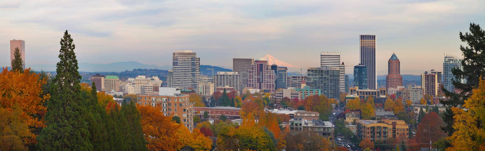 Portland Oregon City Skyline and Mount Hood in the Fall Panorama