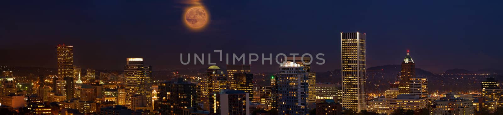 Moon Rise Over Portland Oregon City Skyline at Dusk Panorama