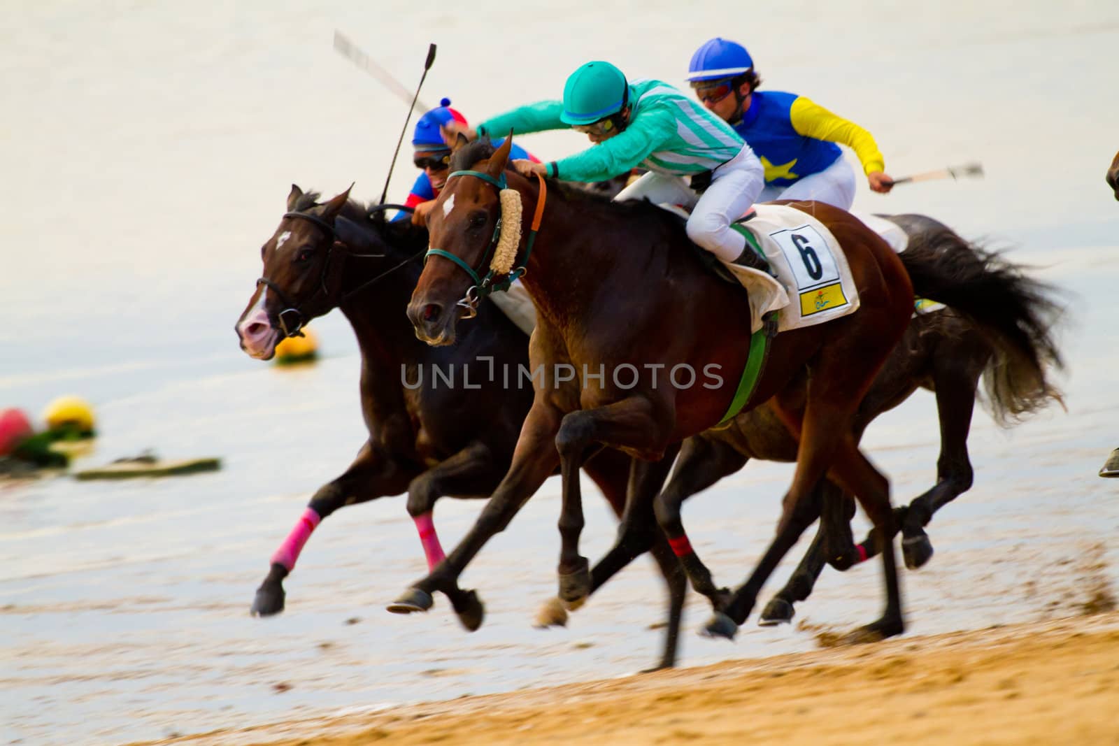 SANLUCAR DE BARRAMEDA, CADIZ, SPAIN - AUGUST 11: Unidentified riders race horses on Sanlucar de Barrameda beach on August 11, 2011 in Sanlucar de Barrameda, Cadiz, Spain.