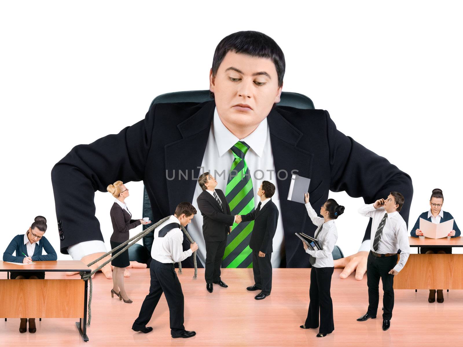 Boss and business team on white background