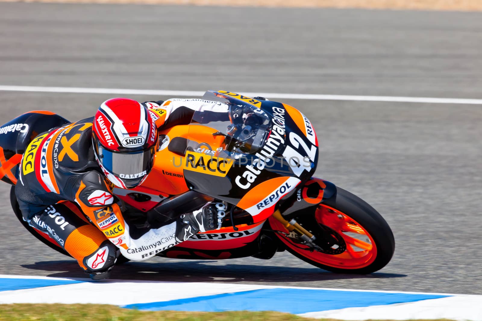 JEREZ DE LA FRONTERA, SPAIN - APR 17: 125cc motorcyclist Alex Rins takes a curve in the CEV Championship race on April 17, 2011 in Jerez de la Frontera, Spain.