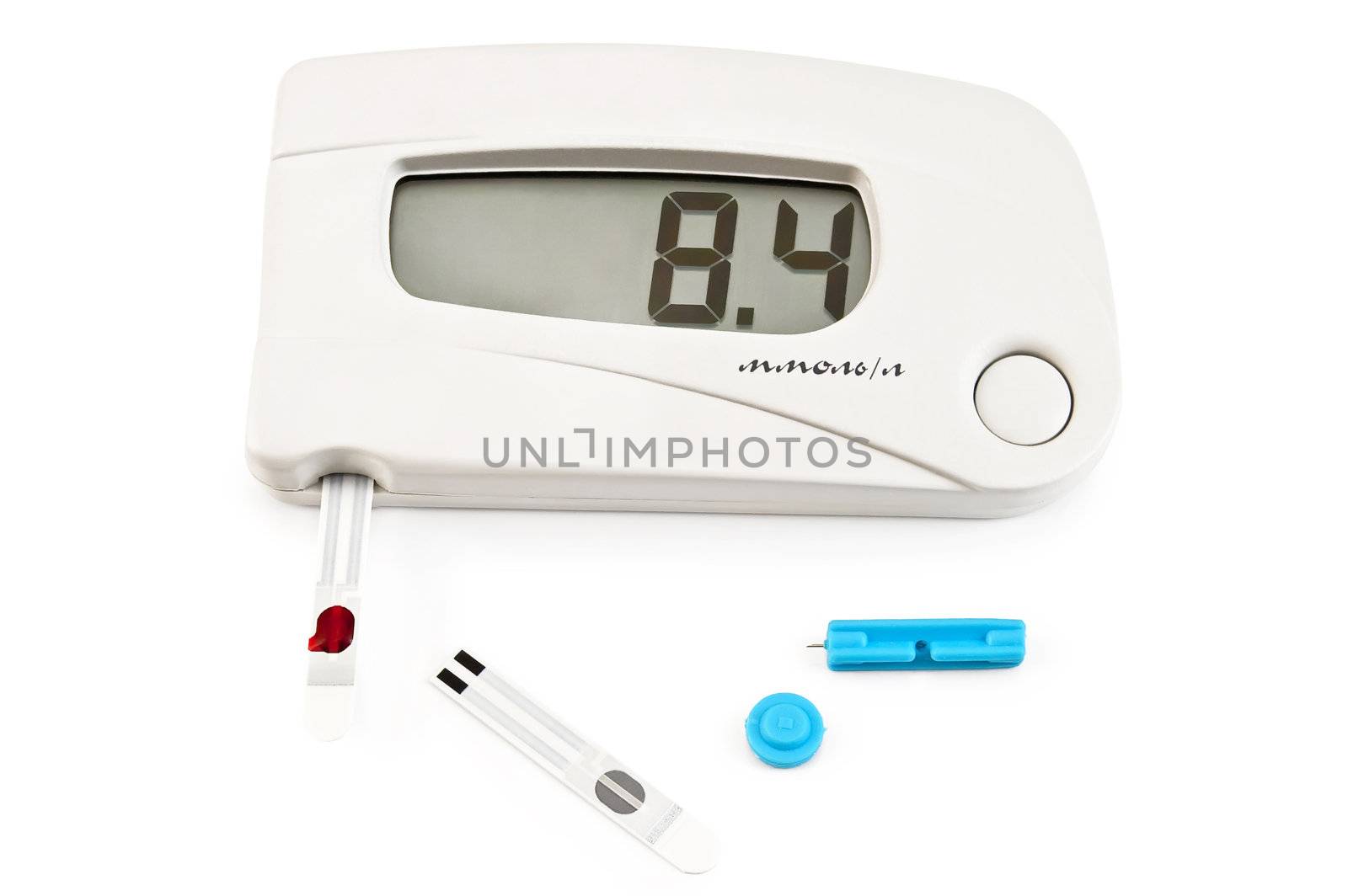 White instrument for measuring glucose levels with test strips, a drop of blood and needles isolated on a white background