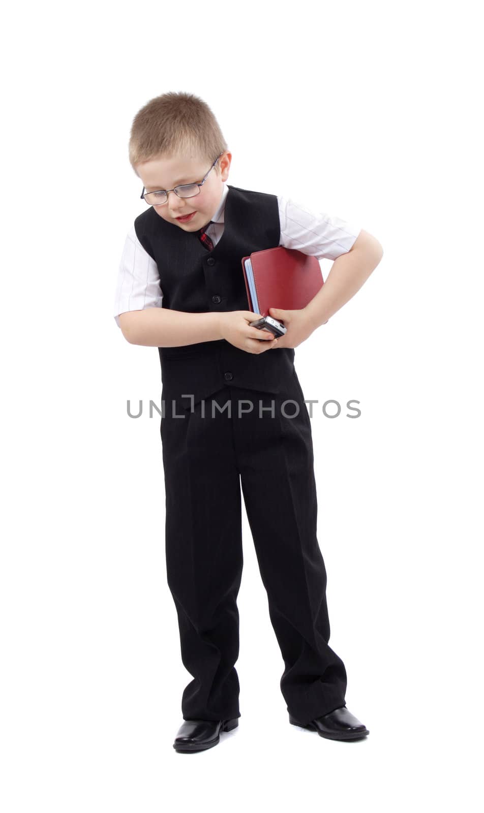 small boy-businessman, photo on the white background 