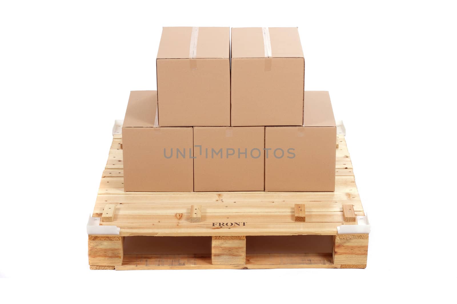 cardboard boxes on wooden palette, isolated on white