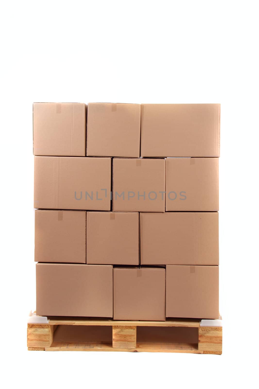 cardboard boxes on wooden palette, photo on white