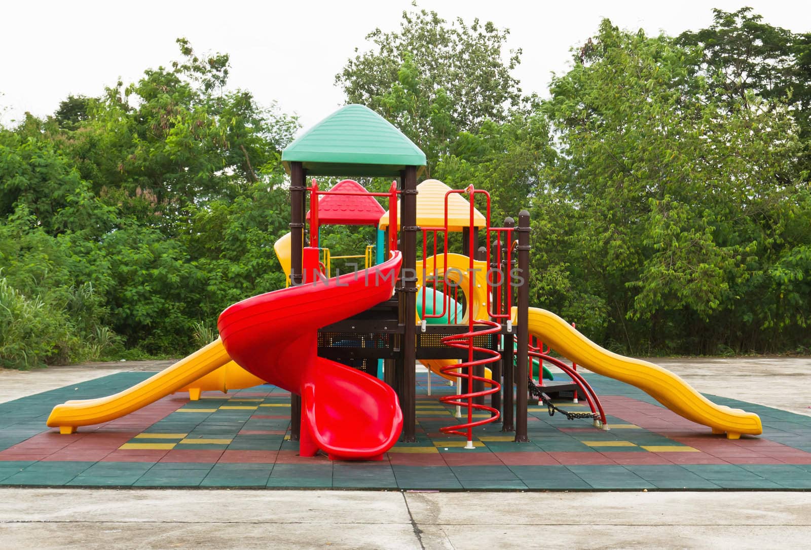 An image of a colorful children's playground, without children