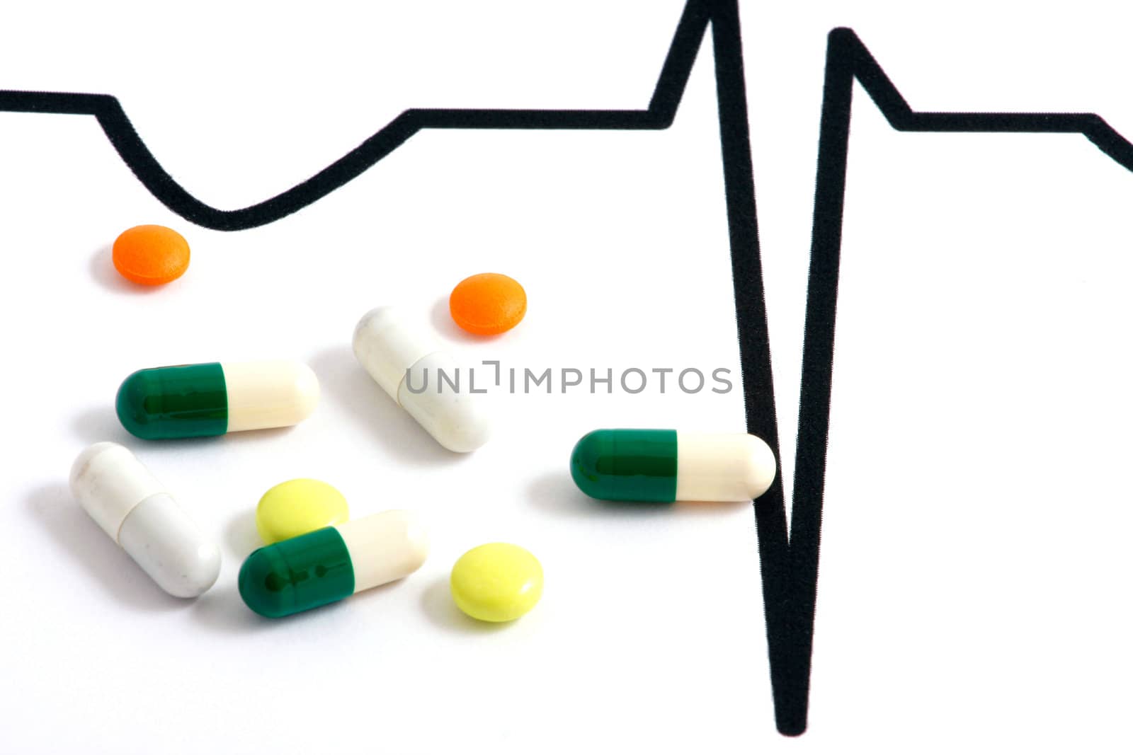 Macro of pills lying on ECG diagram