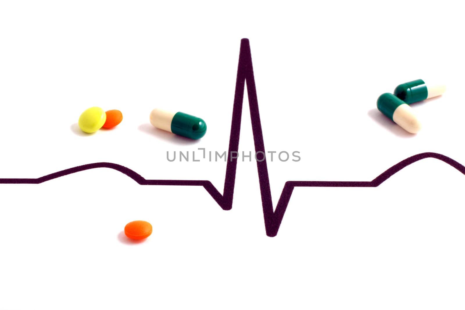 Macro of pills lying on ECG diagram