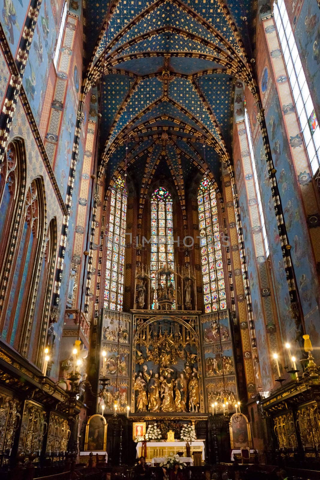 Interior of St. Mary's Basilica, a Brick Gothic church re-built in the 14th century (originally built in the early 13th century), adjacent to the Main Market Square in Kraków, Poland.