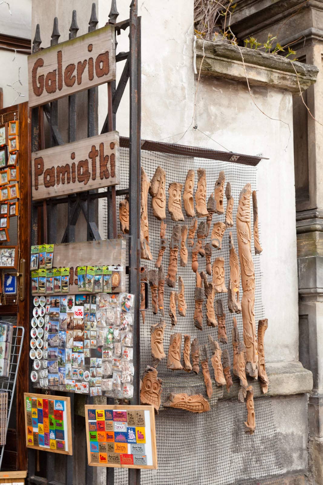 Colofulr souvenir displays on Krakow Old Town waiting for tourists.