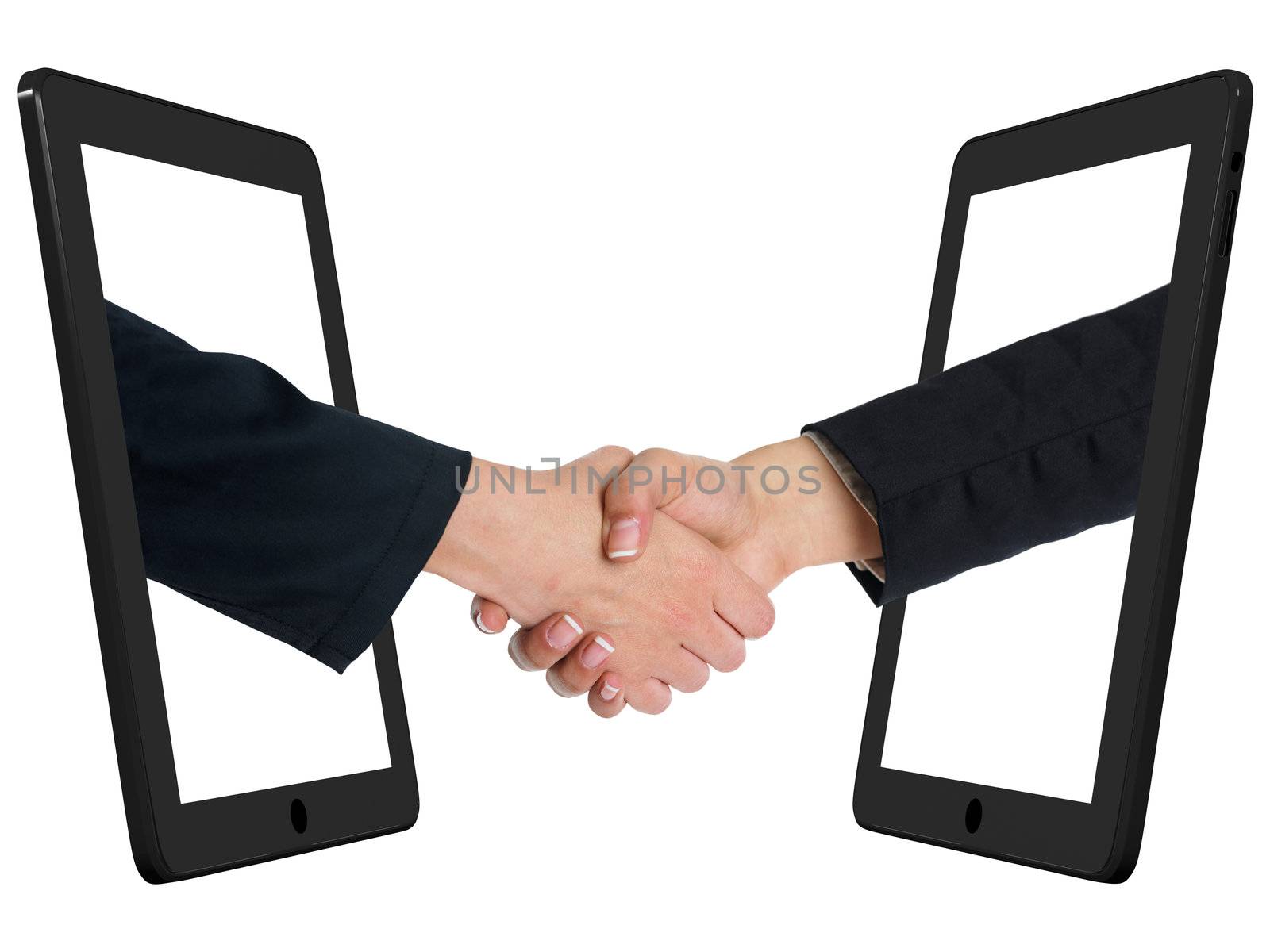 Two Computer Device and Hands in handshaking, Incernet Working Concept, Wireless Communication
